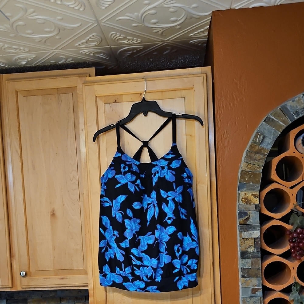 Lands' End Blue Purple Black Tropical Floral Swim Tankini Top Wirefree Padded